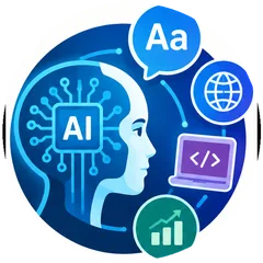 AI Awareness icon: a human profile linked to an AI chip, with language, web, code and growth icons