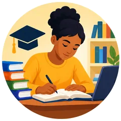 Educational Excellence icon: a student studying at a desk with books and a graduation cap