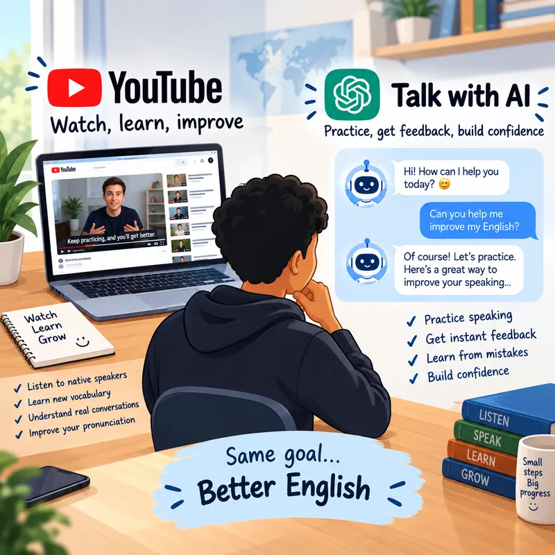English skill: watch YouTube and practice with AI for better English