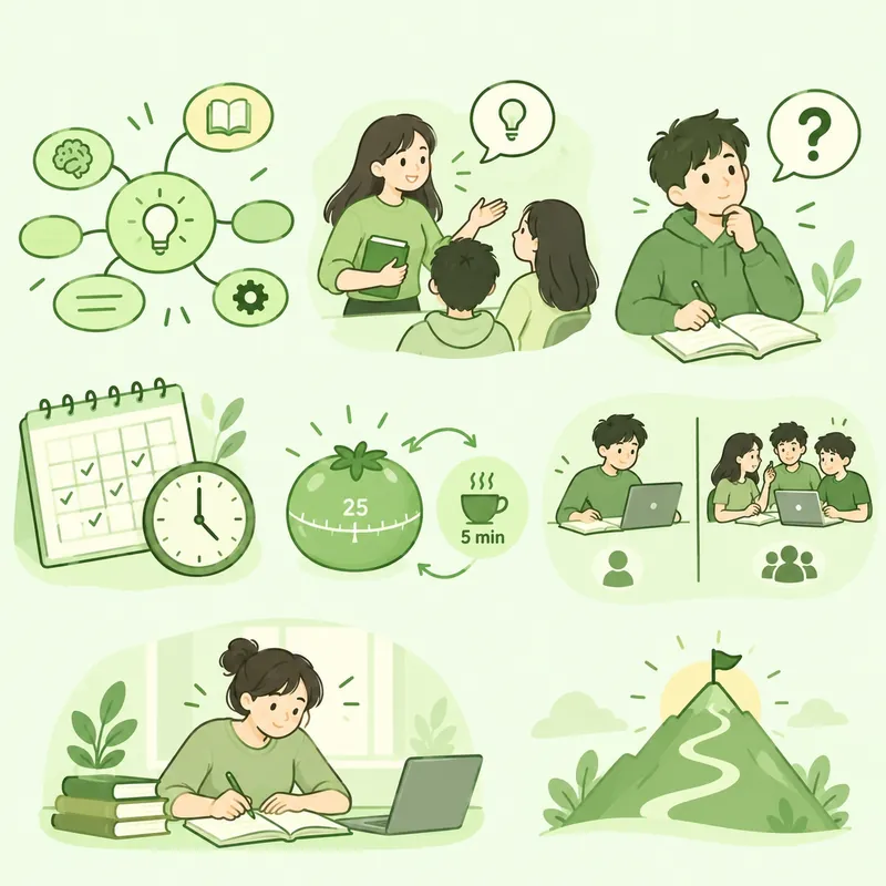 Study tips: mind mapping, teaching others, asking questions, planning, Pomodoro timer, solo and group study